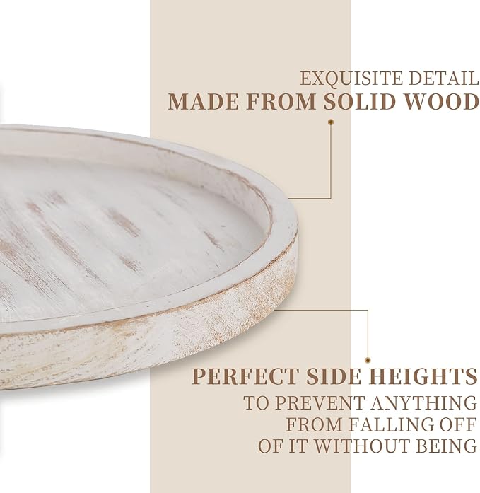 Lazy Susan Organizer Wooden Turntable: Hanobe White Round Wood Trays 12" for Decorative Kitchen Counter Coffee Table Home Decor Spice Spinner