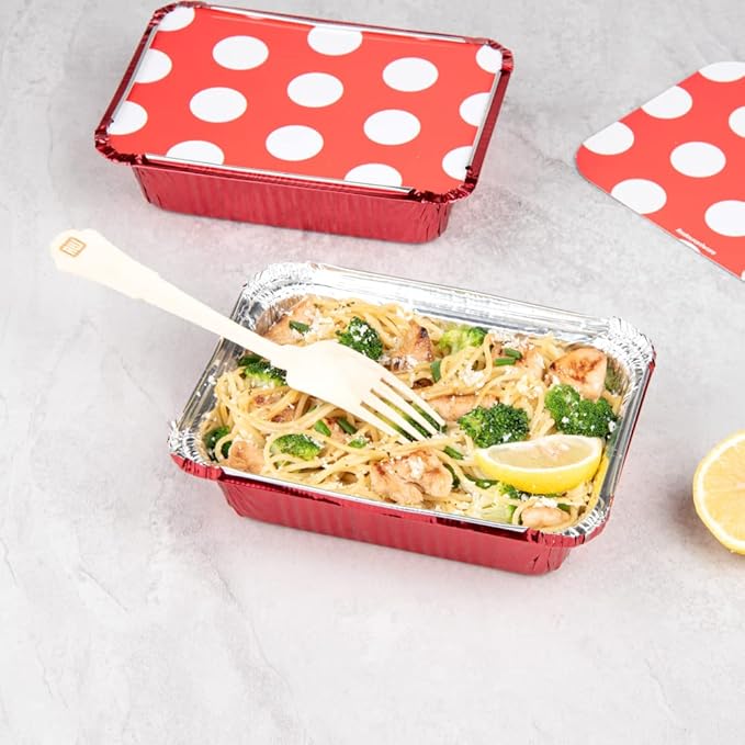 Restaurantware 16 Ounce Disposable Takeout Containers 50 Rectangle Food Containers - With Polka Dot Lids Red Takeaway Containers Aluminum Delivery Containers Freezable
