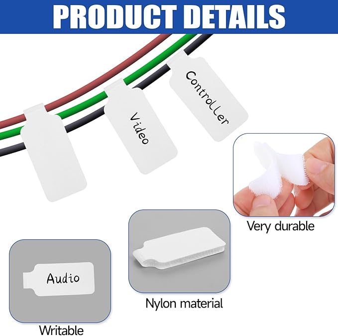 50 Pack Nylon Writable Self-Adhesive Labels - White, Waterproof, Reusable Cable Tags for Electronics, Computers & Cable Management
