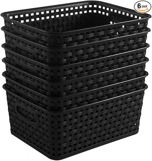 Black Plastic Woven Storage Baskets, 6-Pack Weave Basket Organizer for Kitchen Office Bathroom