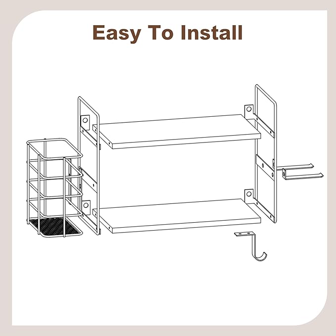 3-in-1 Wall Mounted Hair Dryer Holder with 2 Tier Shelves & Detachable Basket, Space Saving Organizer for Bathroom, Kitchen, Bedroom, Rust-Resistant, Easy Install (Rustic Brown)