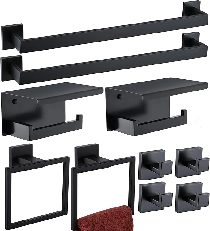 Bathroom Hardware Set 10 Piece Matte Black Bathroom Accessories Set SUS304 Towel Bar Set Includes 2 Towel Bar 24 Inch+2 Towel Holder+2 Toilet Paper Holder+4 Towel Hooks (10, Matte Black)