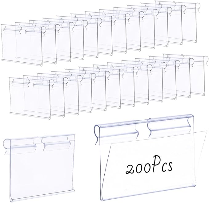 200 Pcs Reusable Plastic Wire Shelf Label Holder, Basket Bin Clip On for Pantry Retail Merchandise Shopping Mall Store Shop Supermarket and Ticket Display Holder, Clip-On Design, 2.4 x 1.7 in