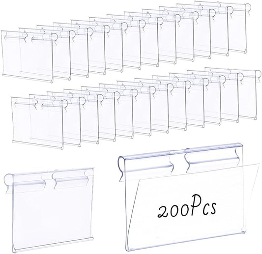 200 Pcs Reusable Plastic Wire Shelf Label Holder, Basket Bin Clip On for Pantry Retail Merchandise Shopping Mall Store Shop Supermarket and Ticket Display Holder, Clip-On Design, 2.4 x 1.7 in