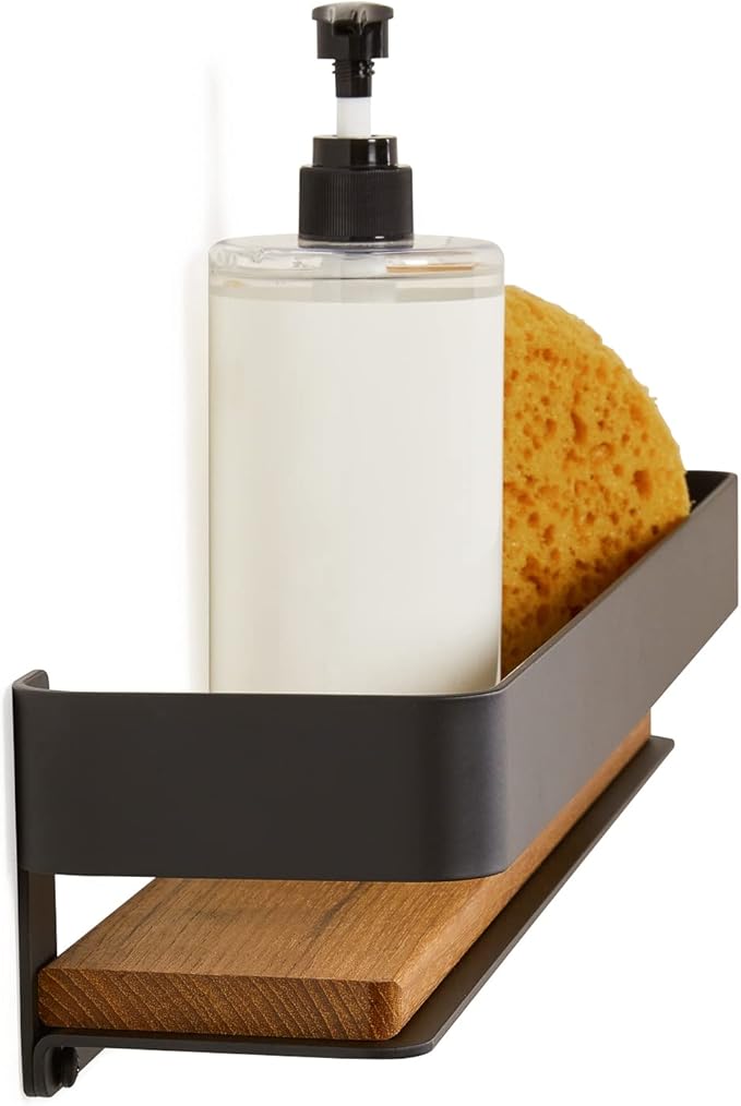 Seachrome Rectangular Shower Shelf with Rail in a Matte Black Finish and Natural Teak Wood Insert