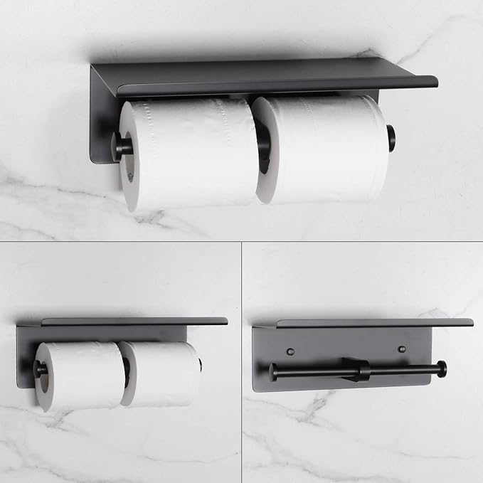 Double Toilet Paper Holder with Shelf Matte Black, Bathroom Accessories Decor SUS 304 Stainless Steel Modern Paper Towel Holder Plus Cell Phone Wall Storage