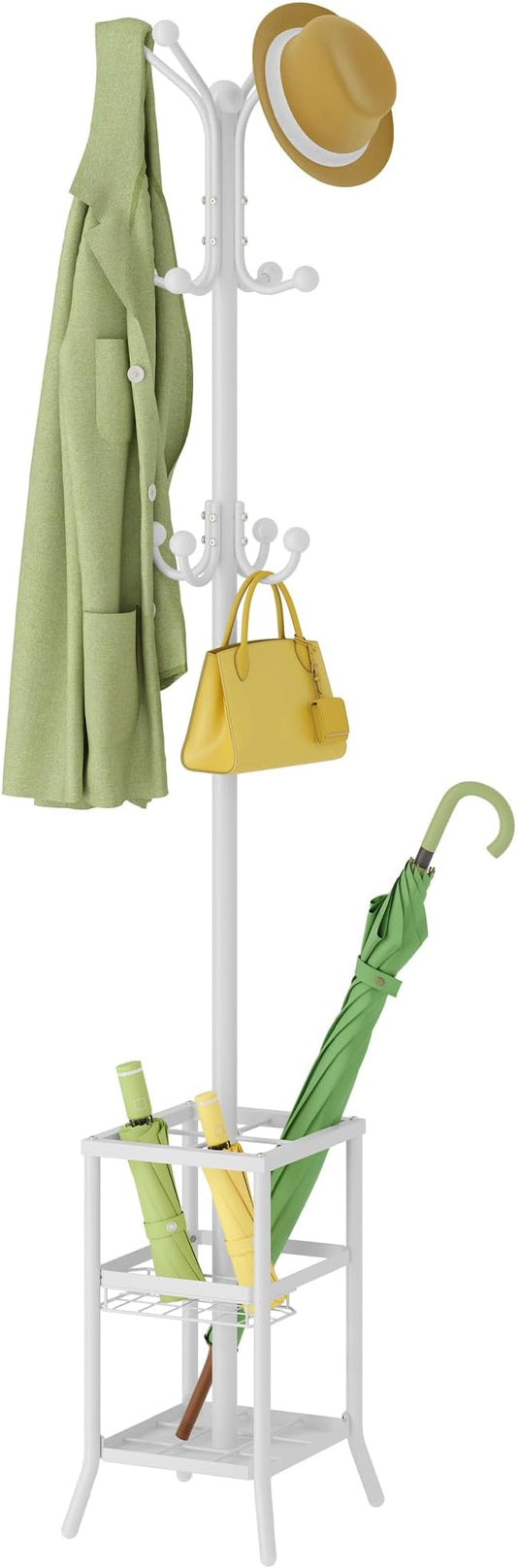 FAVOOSTY Coat Rack Freestanding,Coat Rack Stand with Umbrella Holder,Metal Coat Tree with 12 Hooks,Tree Clothes Hat for Entryway, Hallway, Bedroom, Living Room & Office -White