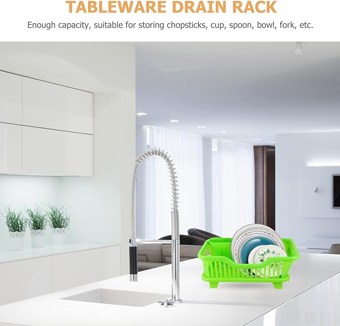 Multifunction Kitchen Cutlery Holder Plastic Tableware Draining Rack with Side Drain Tray for Bowls Plates Milk Bottles Sink Organizer in Green Medium