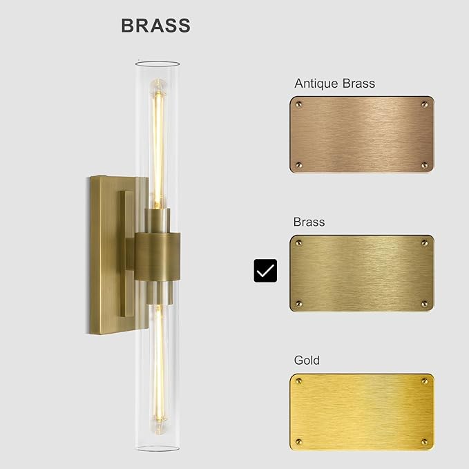Brass Bathroom Vanity Light, 2-Light Bathroom Wall Sconce Over Mirror, 22.8" Gold Vanity Light for Bathroom, Dimmable Vanity Sconce with Glass Tube, Bathroom Linear Sconce for vertical and horizontal