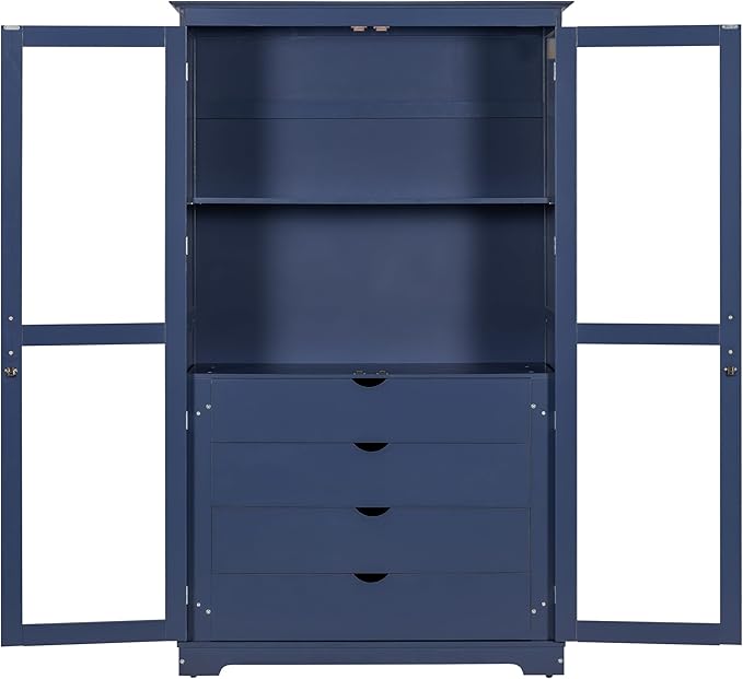 Kitchen Pantry Cabinet 44.7Wx20Dx75H inch, Freestanding Storage Display Cabinets with Glass Doors and 4 Built-in Drawers for Living Room, Home Office,Blue