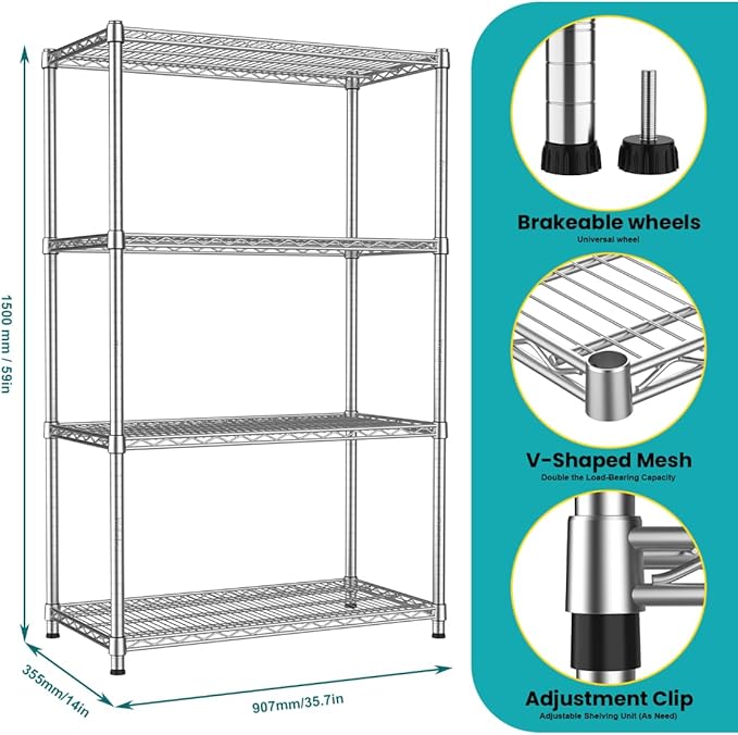 Storage Shelves 4 Tier Wire Shelving Unit Garage Shelves Metal Shelf Organizer Wire Rack Adjustable Metal Shelving Sturdy Heavy-Duty 2200 LBS for Laundry Bathroom Kitchen Closet Pantry Garage Utility
