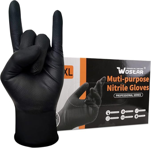 Wostar Black Raised Diamond Texture 8 Mil Nitrile XLarge Glove Latex & Powder Free 100 Count Black Nitrile Disposable Glove