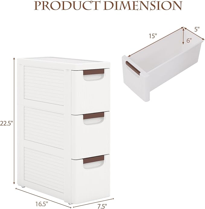 POWERSTONE 3-Drawer Plastic Rolling Storage Cabinet, Narrow Organizer Cart with 4 Wheels, Space-Saving Slim Mobile Utility Cart for Bedroom, Bathroom, Office & Classroom