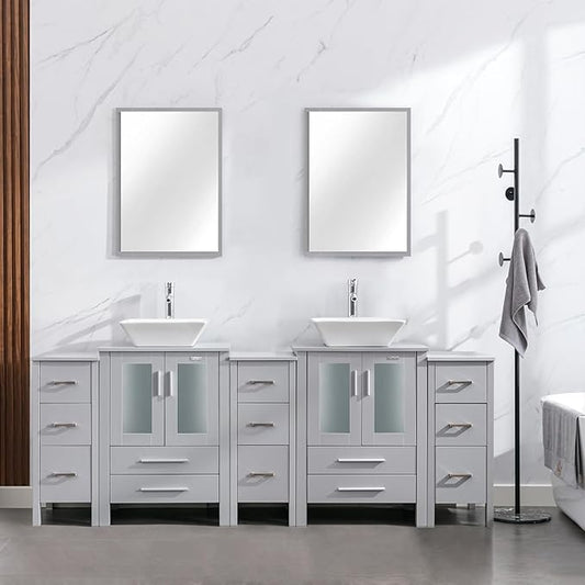 eclife 84" Modern Bathroom Vanity Sink Combo Freestanding Cabinet with Small Side Cabinet, White Square Ceramic Vessel Sink, Water Save Faucet, Drain (Gray+A07)
