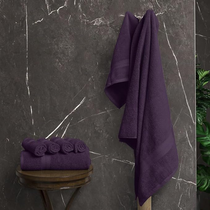 Avalon Towels Luxury 8 Piece Plum Towels Set, 2 Bath Towels, 2 Hand Towels and 4 Washcloths, 600 GSM 100% Ring Spun Cotton Highly Absorbent Plum Bathroom Towels, Ideal for Hotel, Spa and Gym