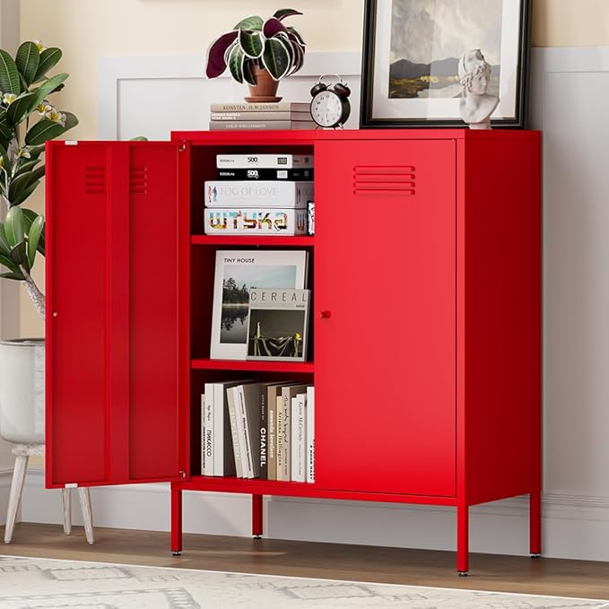 Red Metal Locker Storage Accent Cabinets with 2 Adjustable Shelves, 3 Tier Metal Storage Cabinet with Legs, Steel Cupboard Lockers for Kids Bedroom, Home, Office, Entryway, Kitchen