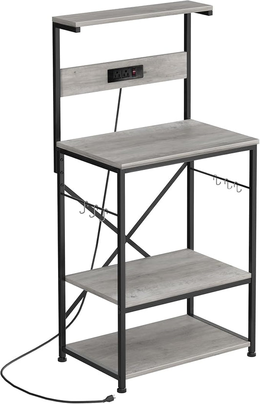 Shintenchi Bakers Rack with Power Outlet, Kitchen Organizers and Storage with 6 Hooks, Microwave Oven Stand, Kitchen Shelf for Spice, Coffee Station, Coffee Bar Table (Gray)