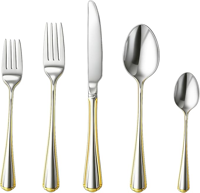5 Piece Flatware Set - Service for 1 - Stainless Steel 18/10 Silverware - Gold Trim Handle Knife, Spoon, Fork, Cutlery Set - For Home, Kitchen and Dining - First Apartment Essentials (Verona)