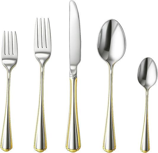 5 Piece Flatware Set - Service for 1 - Stainless Steel 18/10 Silverware - Gold Trim Handle Knife, Spoon, Fork, Cutlery Set - For Home, Kitchen and Dining - First Apartment Essentials (Verona)