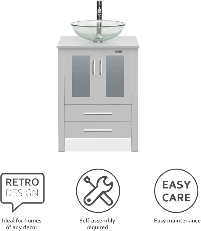 eclife 24" Modern Bathroom Vanity Sink Combo Freestanding Cabinet with Soft Closing Door, Clear Round Glass Vessel Sink, Water Save Faucet, Drain (Gray+A16)