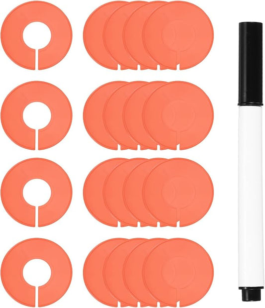 uxcell Clothes Dividers,20 Pack Round Closet Rack Dividers Clothing Rack Size Dividers Blank Labels with Marker Pen Writable & Reusable for Hanging Clothes Sorting Size, Orange