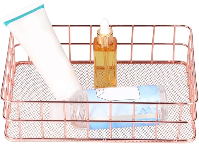 plplaaoo 2PCS Nordic Simple Rose Gold Wrought Iron Storage Basket Desktop Organizer Container Household Storage Organizer for Living Room Bathroom Office Durable Iron Material Stylish Decor (L)