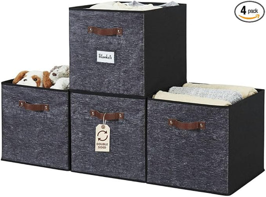 DECOMOMO Storage Baskets, 13x15x13 Storage Cube Bins with Labels for Organizing Shelves Kallax (Kallax / 4pcs, Black Pattern)