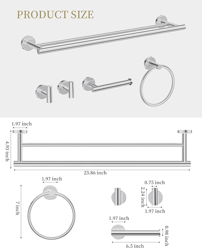 Bathroom Hardware Accessories Set 5 Pieces Polished Chrome 24" SUS 304 Stainless Steel Bath Double Towel Holder Bar Set Towel Rack Combination Wall Mounted for Kitchen, Laundry, Bedroom