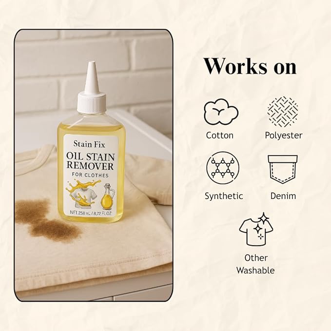 Instant Oil Stain Remover for Clothes (8.72oz) - Fabric Stain Remover For Cooking, Engine, Dried Oil And Grease Stains - Safe for All Fabric Types