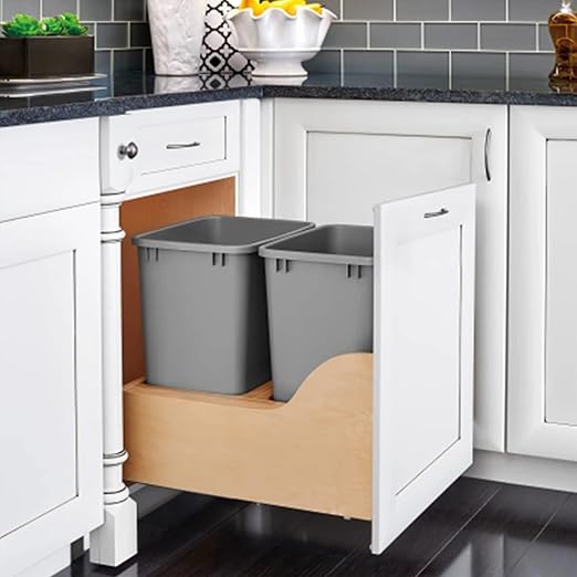 Rev-A-Shelf Wood Double Pullout Waste Container with Soft-Close, 35 Quart - Sliding Garbage Bin System with Dual Trash Can for 21" Home Kitchen Base Cabinet, 4WCSC-2135DM-2