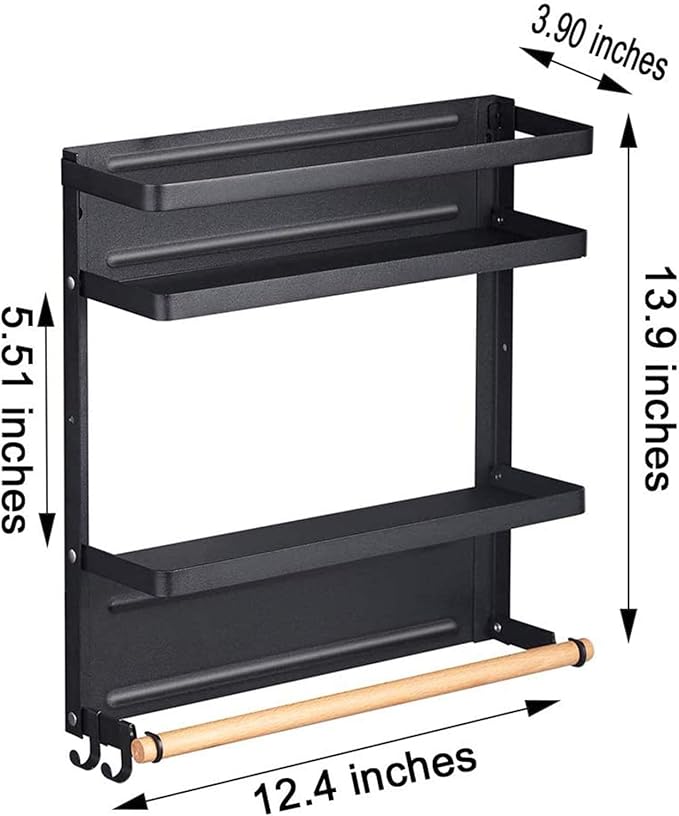 Thipoten Magnetic Spice Rack, 2-in-1 Foldable Strong Magnetic Shelf with Paper Towel Holder, Perfect Space Saver for Small Kitchen/Apartment, Easy to Install on The Side of Refrigerator(2 Tier, Black)