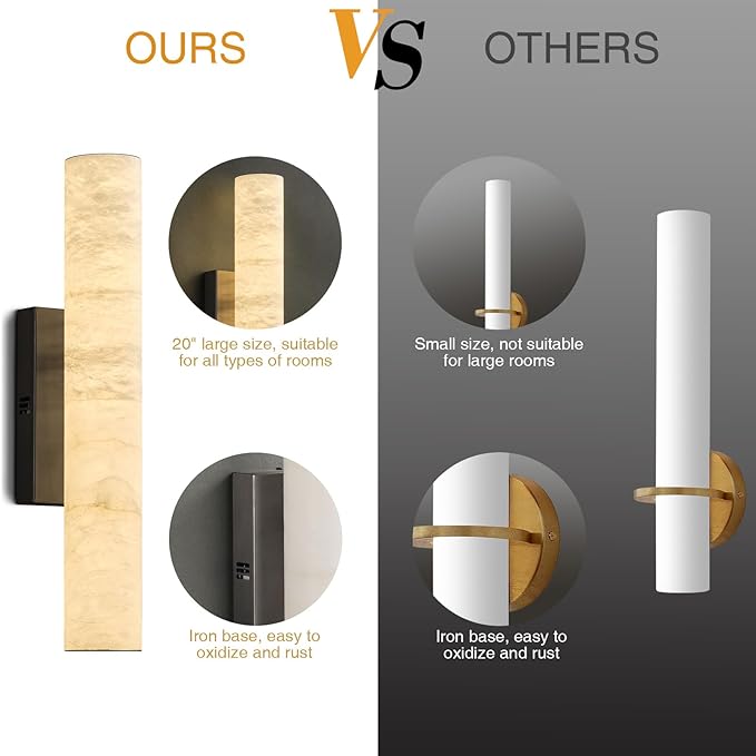 Alabaster Wall Sconces, 20" Black Wall Sconce, Modern Bathroom Sconces Wall Lighting, Cylinder Spanish Marble Wall Sconce Perfect for Living Room, Bedroom, Hallway, Stairs