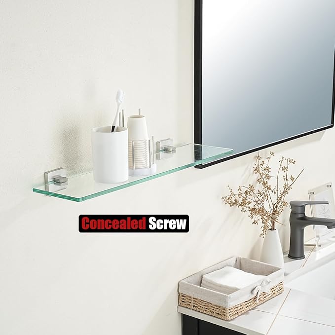 JQK Bathroom Glass Shelf, Floating Tempered Glass Shower Storage 24 by 5 inches, 304 Stainless Steel Brushed Finish Wall Mount, TGS201L24-BN