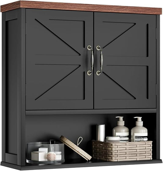 Farmhouse Bathroom Cabinet Wall Mounted, Black Medicine Cabinet with Adjustable Shelf, Bathroom Cabinet for Living Room, Laundry Room
