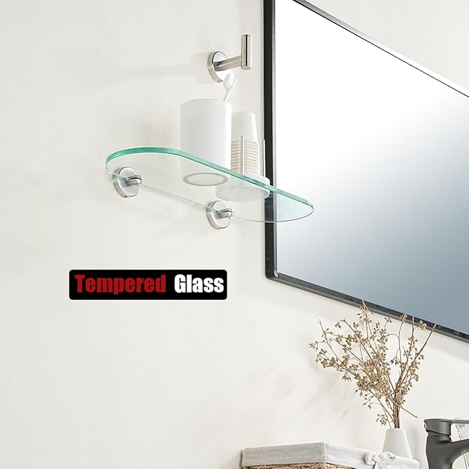 JQK Bathroom Glass Shelf, Tempered Glass Shower Storage 16 by 5 inches, 304 Stainless Steel Brushed Finish Wall Mount, TGS121L16-BN