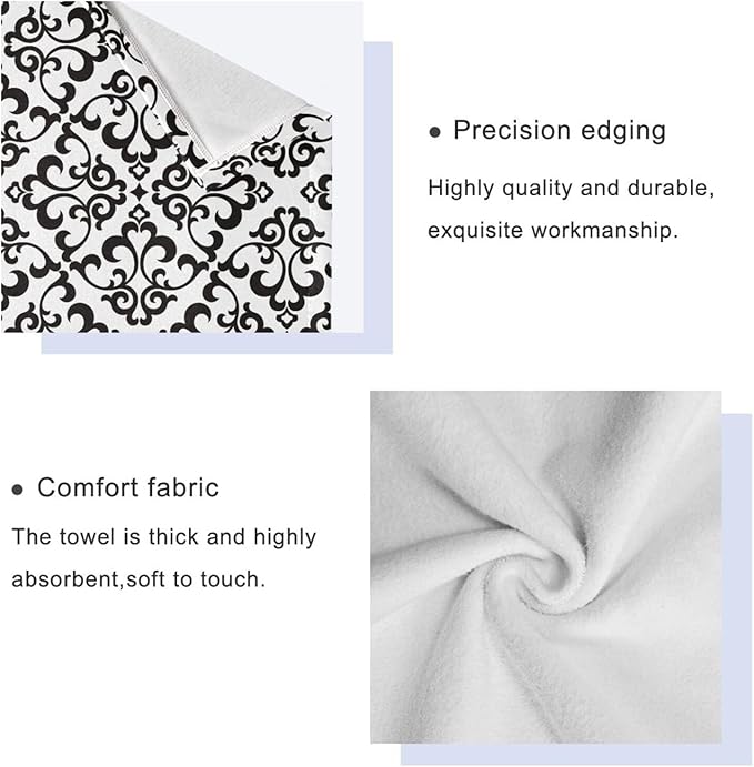 3 Piece White Black Damask Pattern Bath Towel Set,Microfiber Decorative Damask Floral Modern Abstract Bathroom Towels,1 Bath Towel 1 Hand Towel for Bathroom Kitchen,1 Washcloth for Body Face