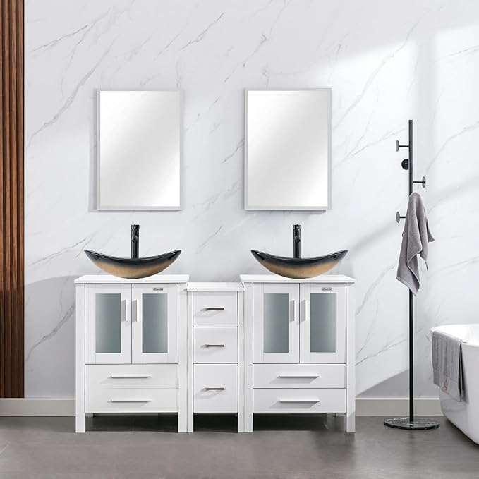 eclife 60" Modern Bathroom Vanity Sink Combo Freestanding Cabinet with Small Side Cabinet, Champagne Boat Glass Vessel Sink, Water Save Faucet, Drain (White+A29CH)