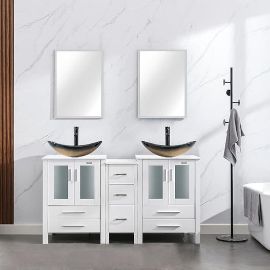 eclife 60" Modern Bathroom Vanity Sink Combo Freestanding Cabinet with Small Side Cabinet, Champagne Boat Glass Vessel Sink, Water Save Faucet, Drain (White+A29CH)