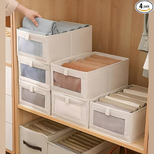4-Pack Cotton Linen Storage Boxes with Lids | Breathable Closet Organizers for Clothes, Blankets & Seasonal Items | Eco-Friendly Home Storage Solutions