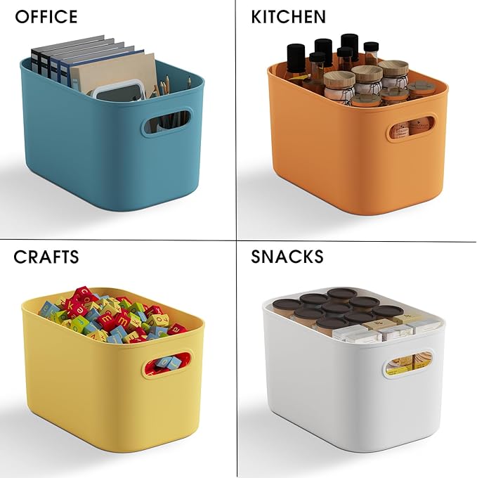 10 Pack Colorful Plastic Storage Bins, Storage Container for Organizing, Colored Storage Boxes with Handle for Shelves, Cute Organizer Bins for Craft, Snacks, Cabinet, 9.69x6.7x5.7 inch