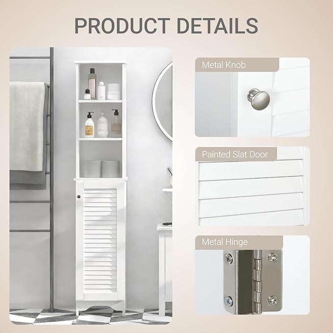 HOMCOM Tall Bathroom Storage Cabinet/Freestanding Linen Tower with 3-Tier Open Adjustable Shelf, White