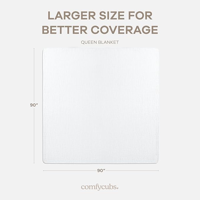 Comfy Cubs Muslin Blanket for Adults Queen 90" x 90" - 6 Layer Soft, Breathable & Lightweight Muslin Adult Blanket - Machine Washable & Designed in The US Bedding for All Seasons - White