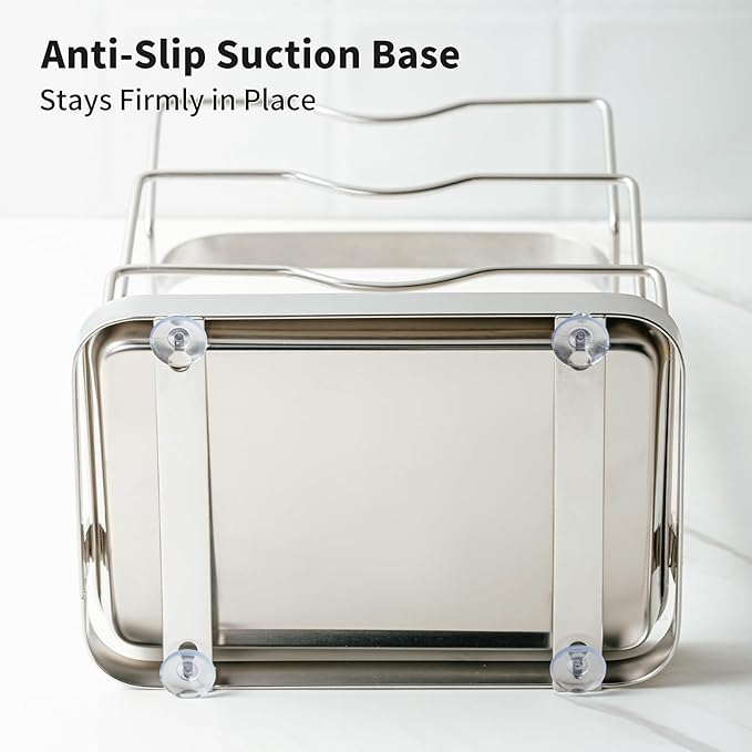 Pot Lid Holder While Cooking, 2 Tier 304 Stainless Steel Pot Lid Organizer with Drip Tray, Kitchen Storage Rack for Stove Top & Countertop, Heavy Duty Lid Holder for Pots and Pans, Silver