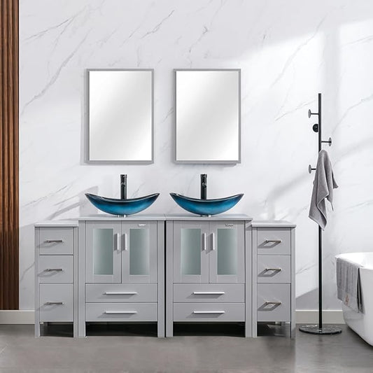 eclife 72" Modern Bathroom Vanity Sink Combo Freestanding Cabinet with Small Side Cabinet, Blue Boat Glass Vessel Sink, Water Save Faucet, Drain (Gray+A29BU)