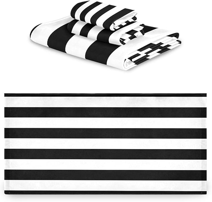 White Black Striped Bath Towels Set, 3-Piece Modern Fashion Set (1 Bath, 1 Hand, 1 Washcloth), Absorbent Microfiber Decorative Bathroom Towels for Fingertip, Hair, Face