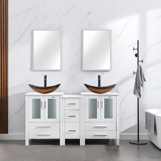 eclife 60" Modern Bathroom Vanity Sink Combo Freestanding Cabinet with Small Side Cabinet, Brown Boat Glass Vessel Sink, Water Save Faucet, Drain (White+A29BR)