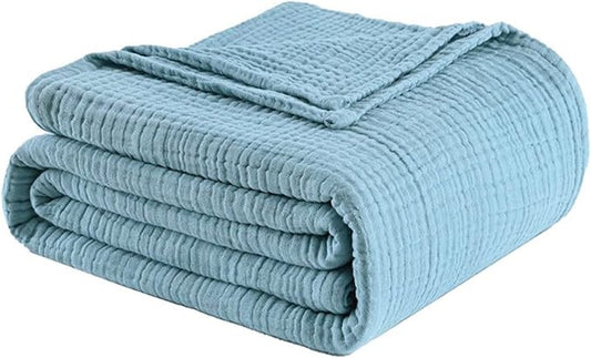 Muslin Blanket 100% Cotton Blanket Throw 108”x90”, Lightweight Breathable Summer Blanket Throw. Supersoft 4-Layer Gauze Throw Blanket for Sofa, Couch, Bed, All-Season Use, Sky Blue