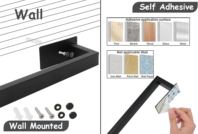 Bathroom Towel Bar Self Adhesive, No Drilling Towel Rack Easy to Install, Hand Towel Holder Made of Premium Stainless Steel Sticky on Hand Towel Hanger for Kitchen, Toilet.(16IN, Black)