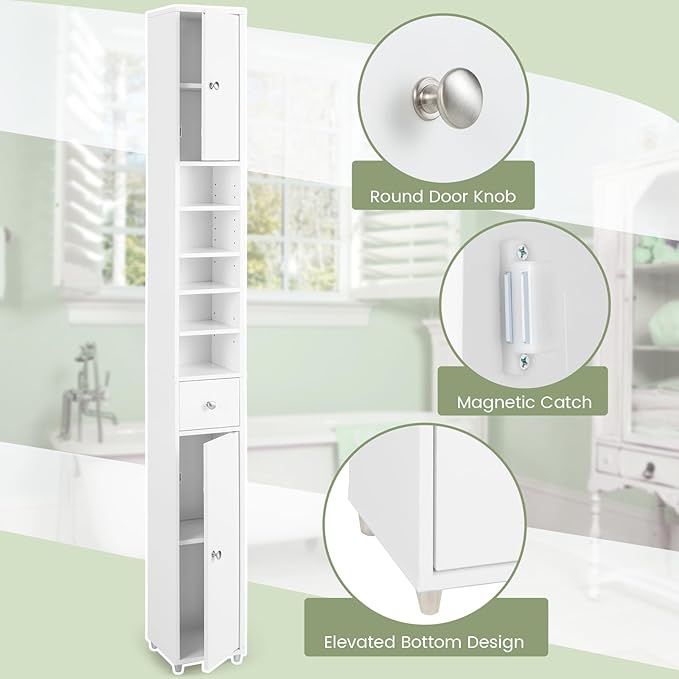 GOFLAME 71” Tall Bathroom Storage Cabinet, Narrow Freestanding Organizer with 1 Drawer, 2 Doors & 5 Open Shelves, Slim Bathroom Cabinet for Small Space, 8" x 8" x 71", White