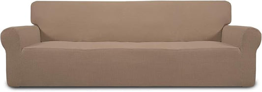 Easy-Going Stretch 4 Seater Sofa Slipcover 1-Piece Sofa Cover Furniture Protector Couch Soft with Elastic Bottom for Kids, Polyester Spandex Jacquard Fabric Small Checks Camel